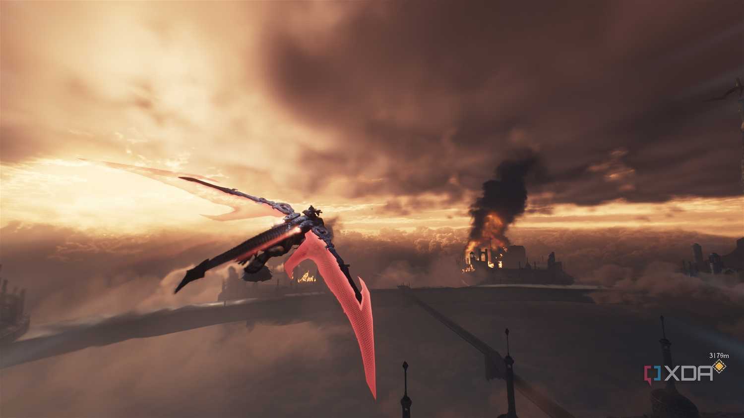 A dragon mount soaring in the sky as the sun sets in Doom: The Dark Ages.