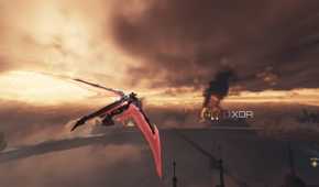 A dragon mount soaring in the sky as the sun sets in Doom: The Dark Ages.