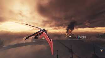 A dragon mount soaring in the sky as the sun sets in Doom: The Dark Ages.