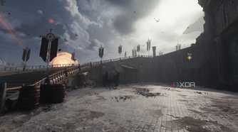 Sun-soaked castle steps in Doom: The Dark Ages.