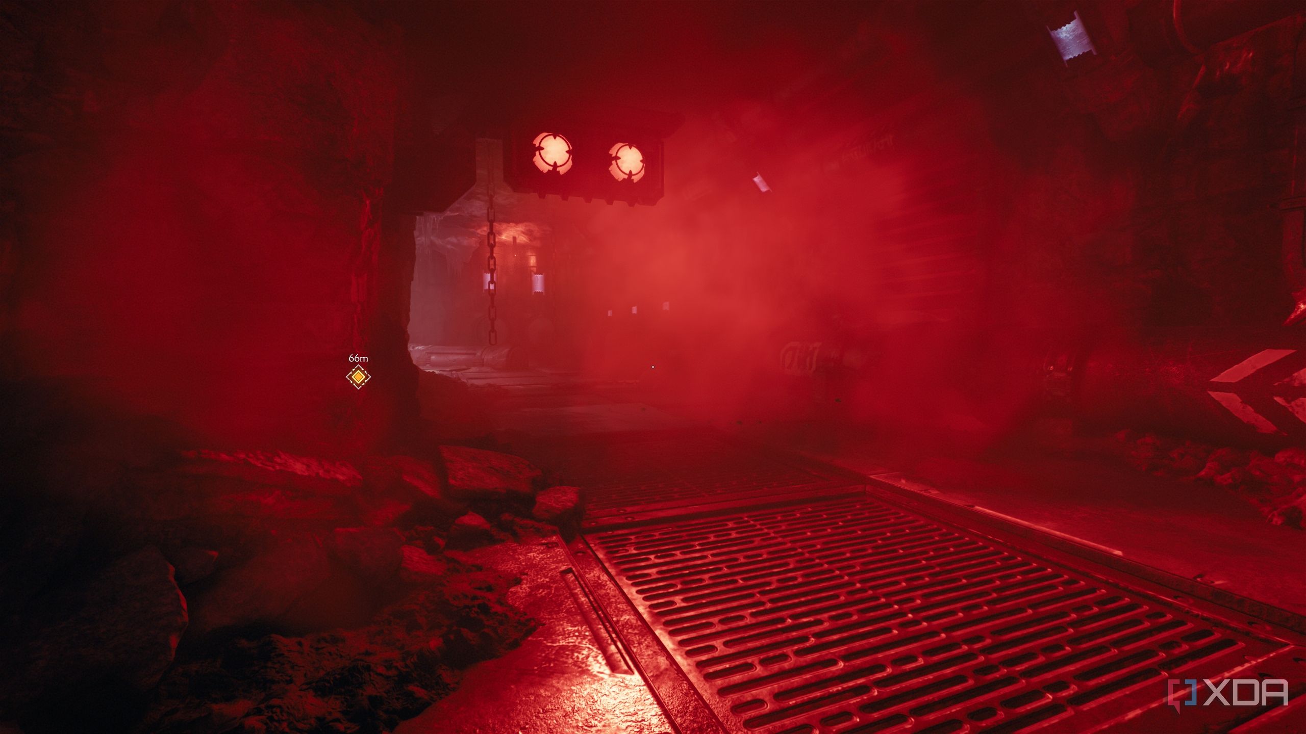 A room drowning in red lighting and volumetric fog in Doom: The Dark Ages.