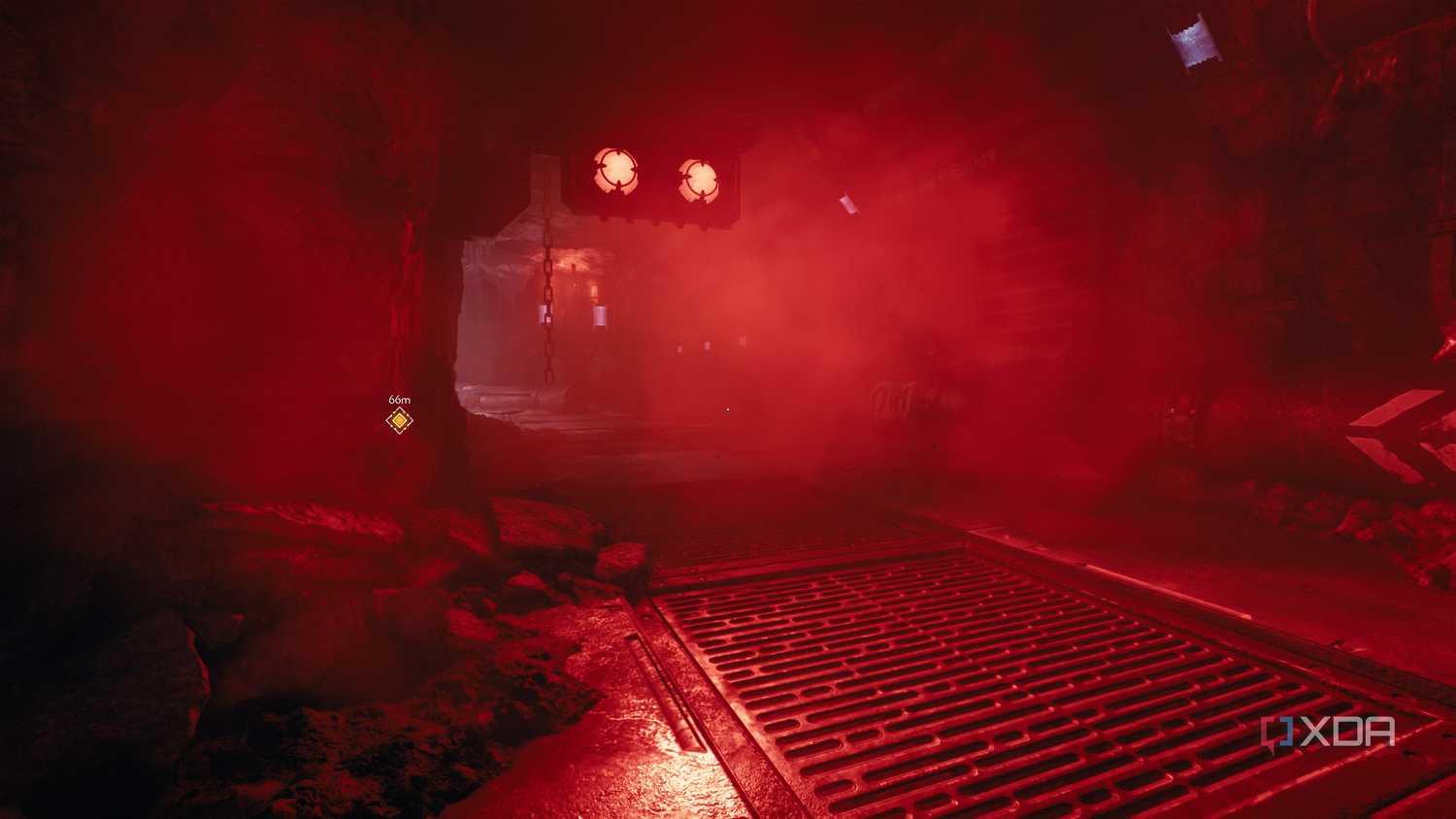A room drowning in red lighting and volumetric fog in Doom: The Dark Ages.