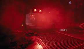 A room drowning in red lighting and volumetric fog in Doom: The Dark Ages.