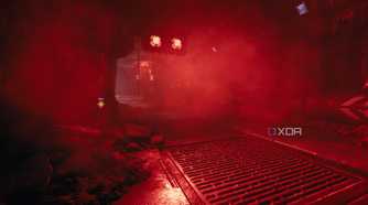 A room drowning in red lighting and volumetric fog in Doom: The Dark Ages.
