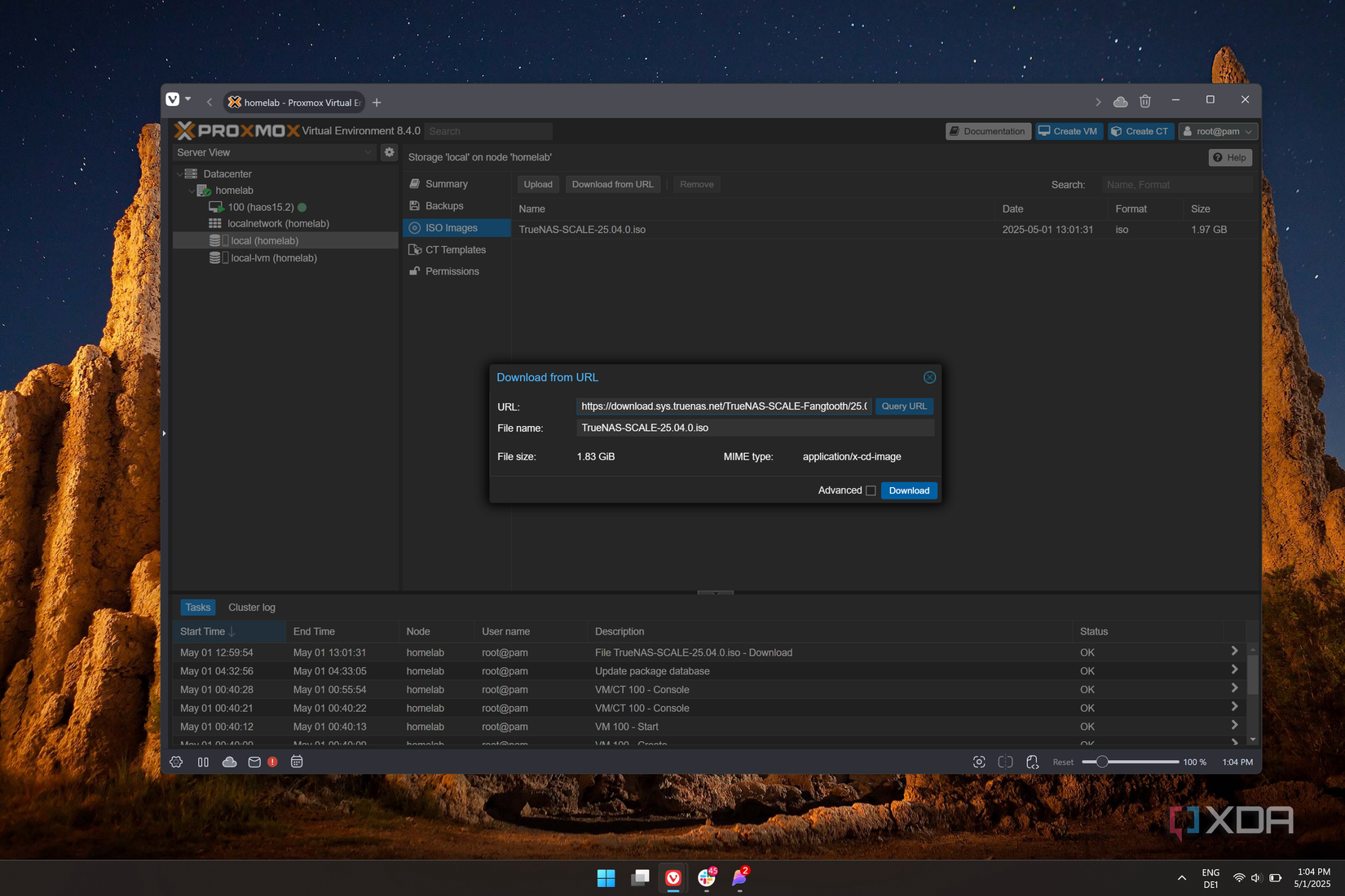 Screenshot of Proxmox showing the option to download an ISO from a link