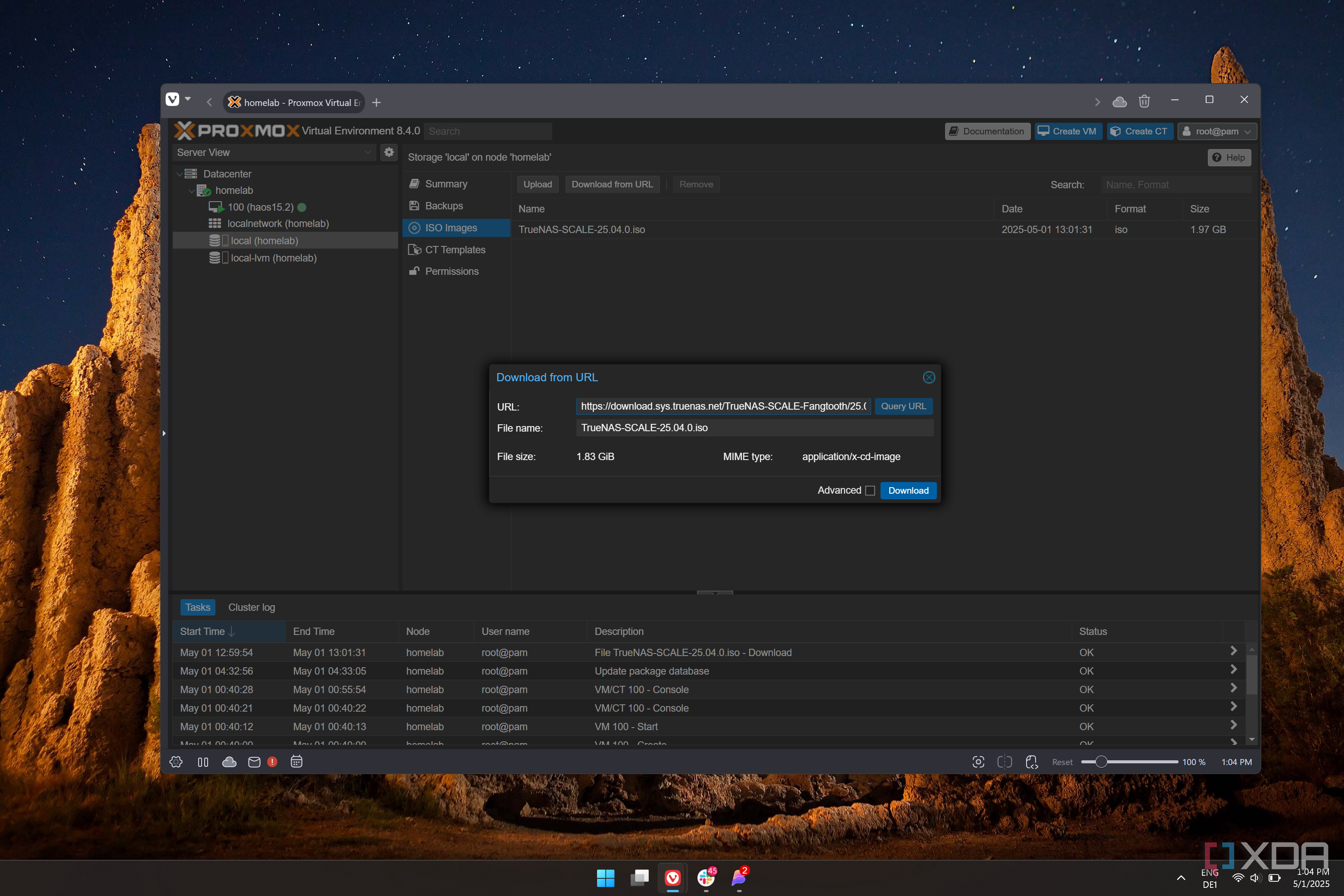 Screenshot of Proxmox showing the option to download an ISO from a link