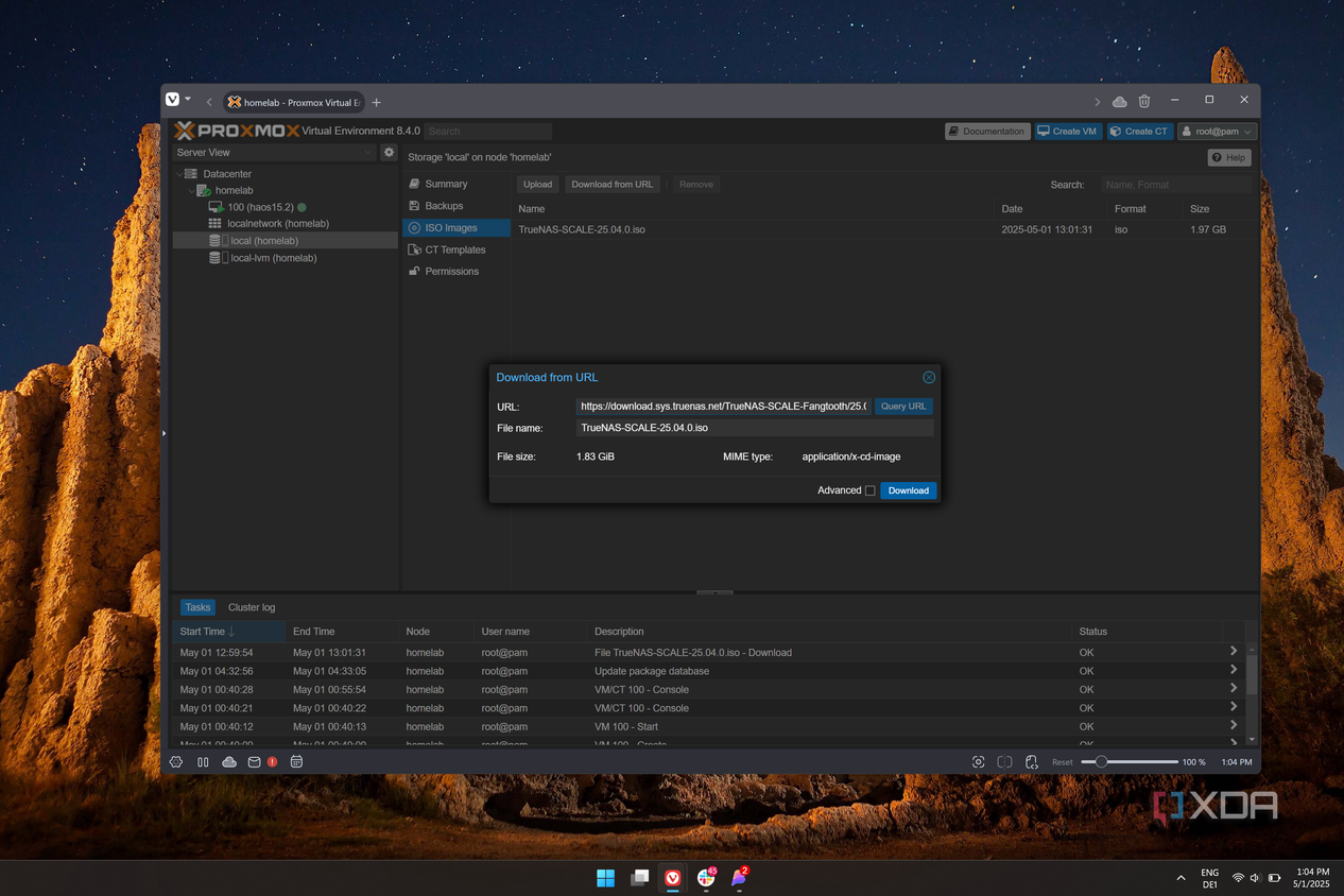Screenshot of Proxmox showing the option to download an ISO from a link