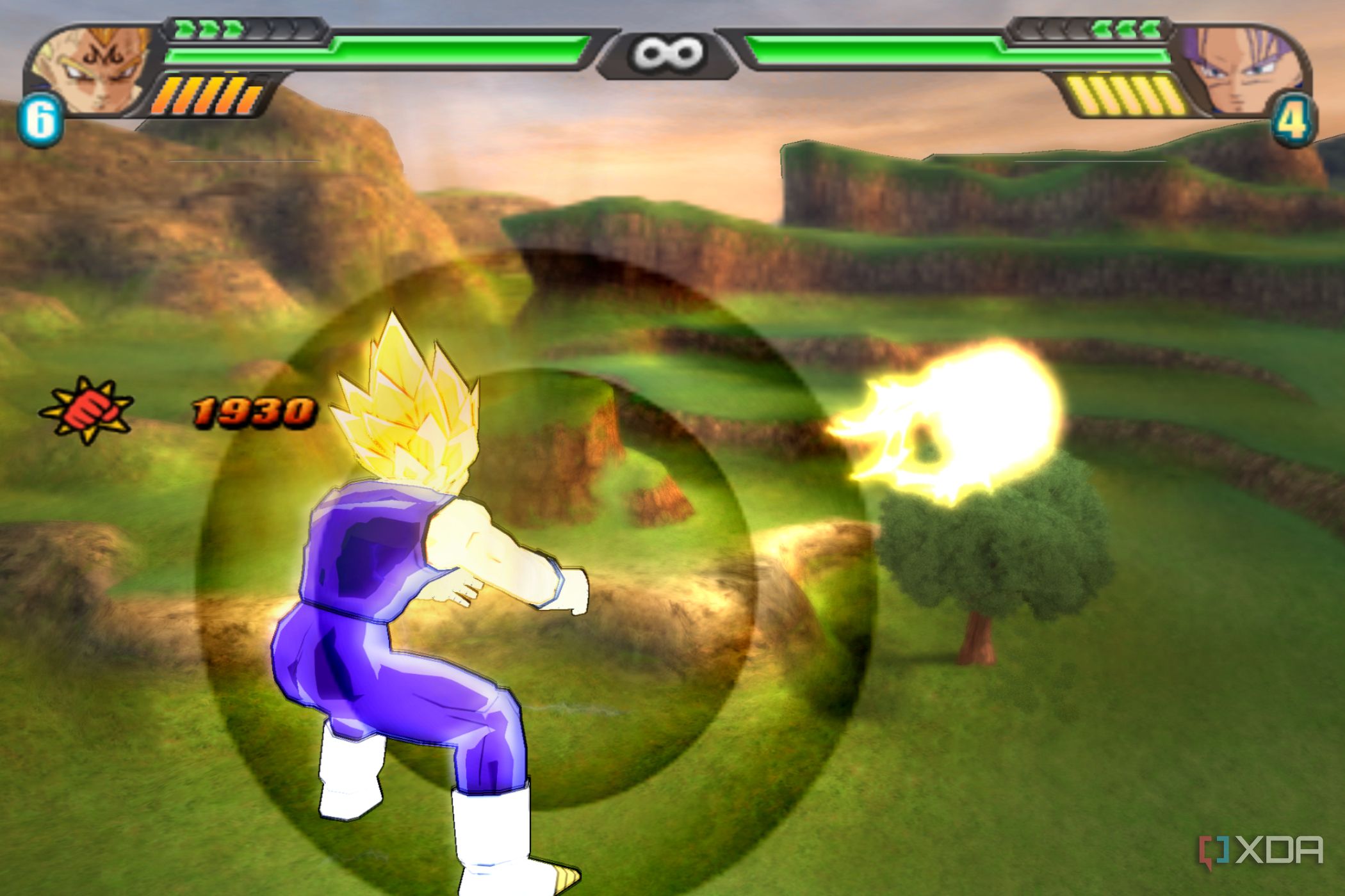 Vegeta throwing a qi blast in Dragon Ball Z: Budokai Tenkaichi 3.