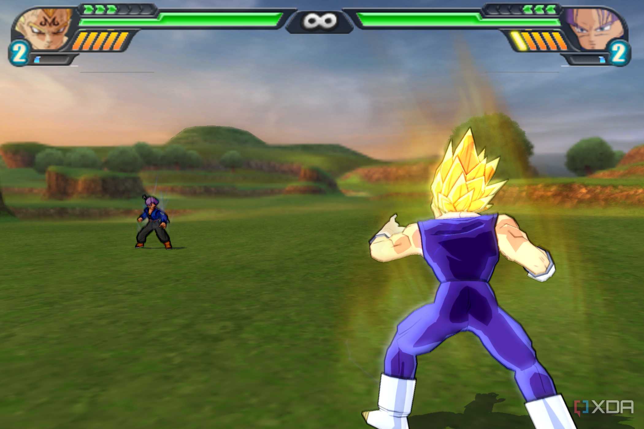 Vegeta fighting Trunks in a grassy field in Dragon Ball Z: Budokai Tenkaichi 3.