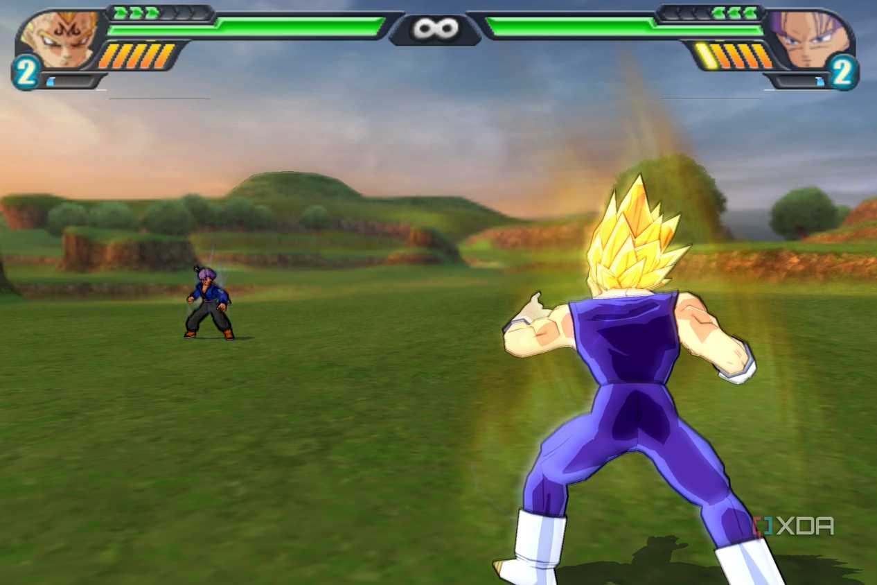 Vegeta fighting Trunks in a grassy field in Dragon Ball Z: Budokai Tenkaichi 3.