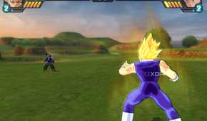 Vegeta fighting Trunks in a grassy field in Dragon Ball Z: Budokai Tenkaichi 3.