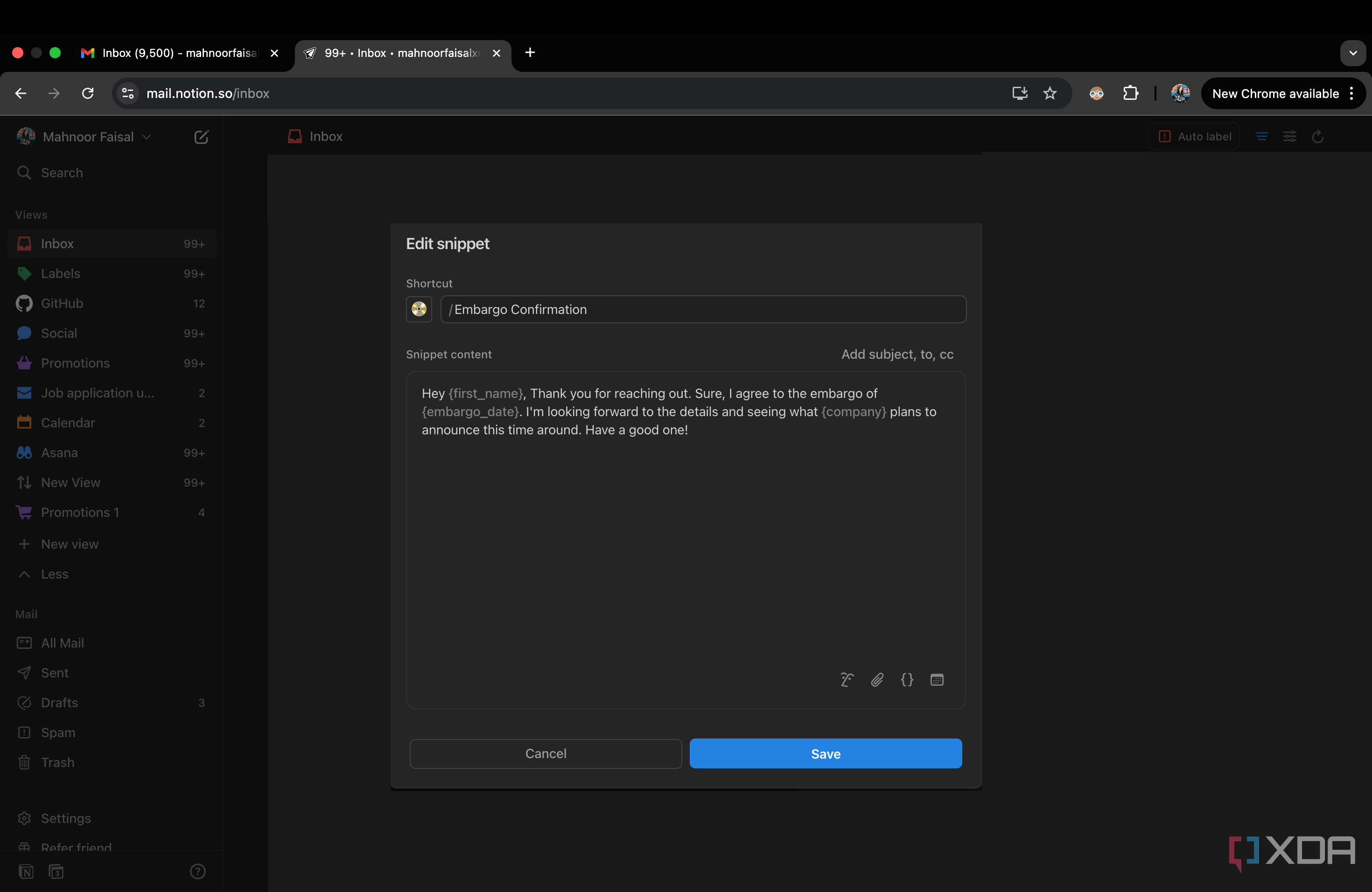 Edit snippet window in Notion Mail