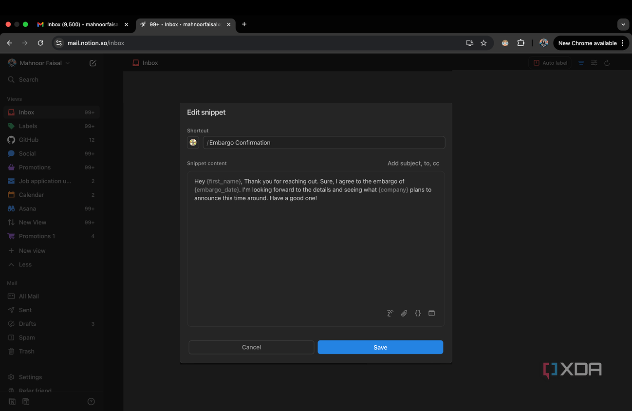 Edit snippet window in Notion Mail