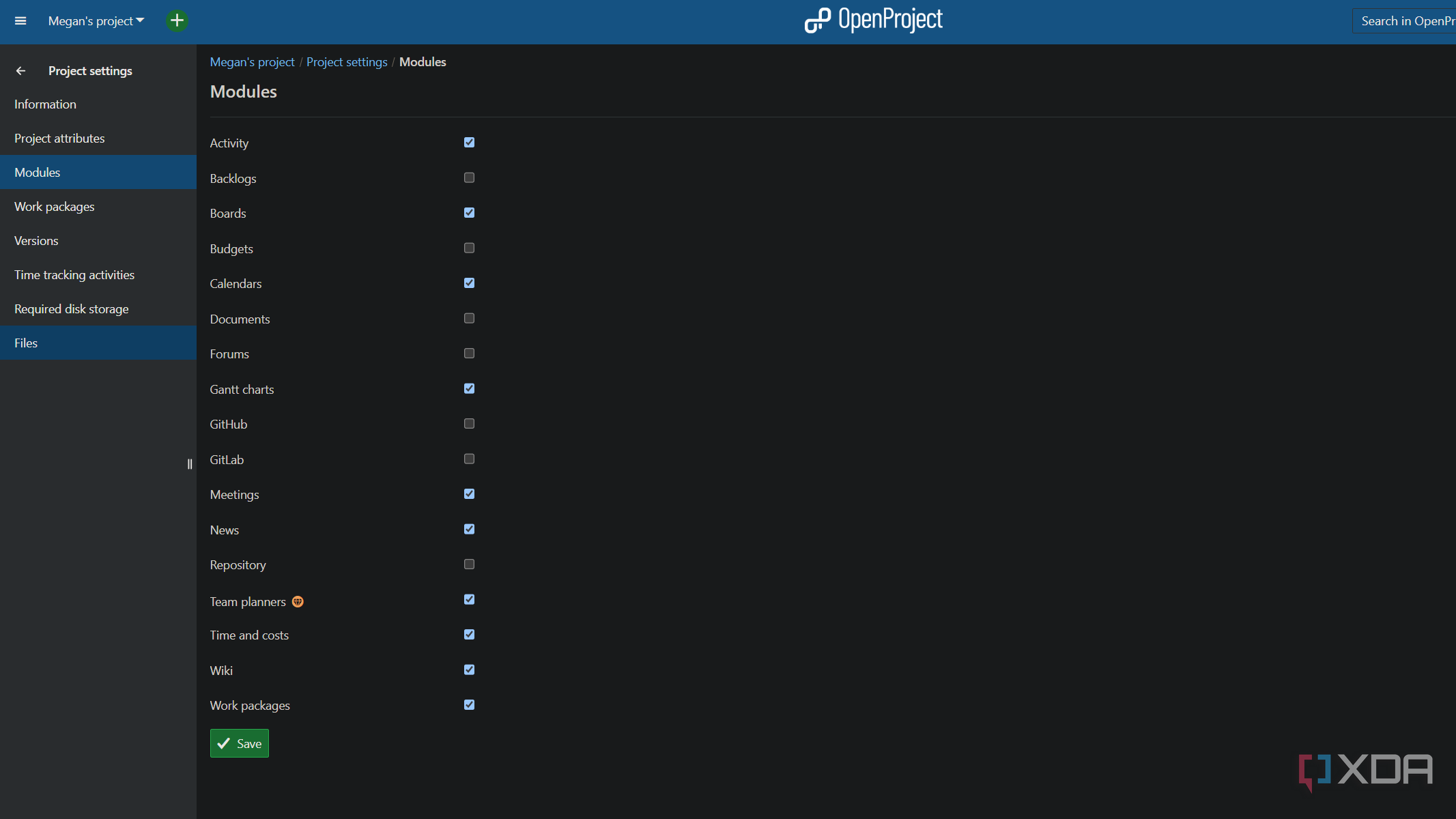 editing project modules in openproject