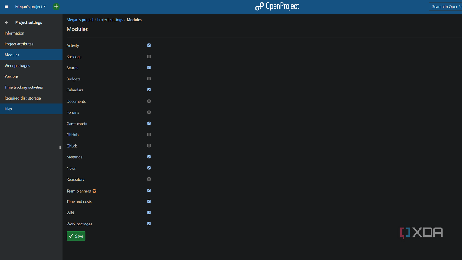 editing project modules in openproject