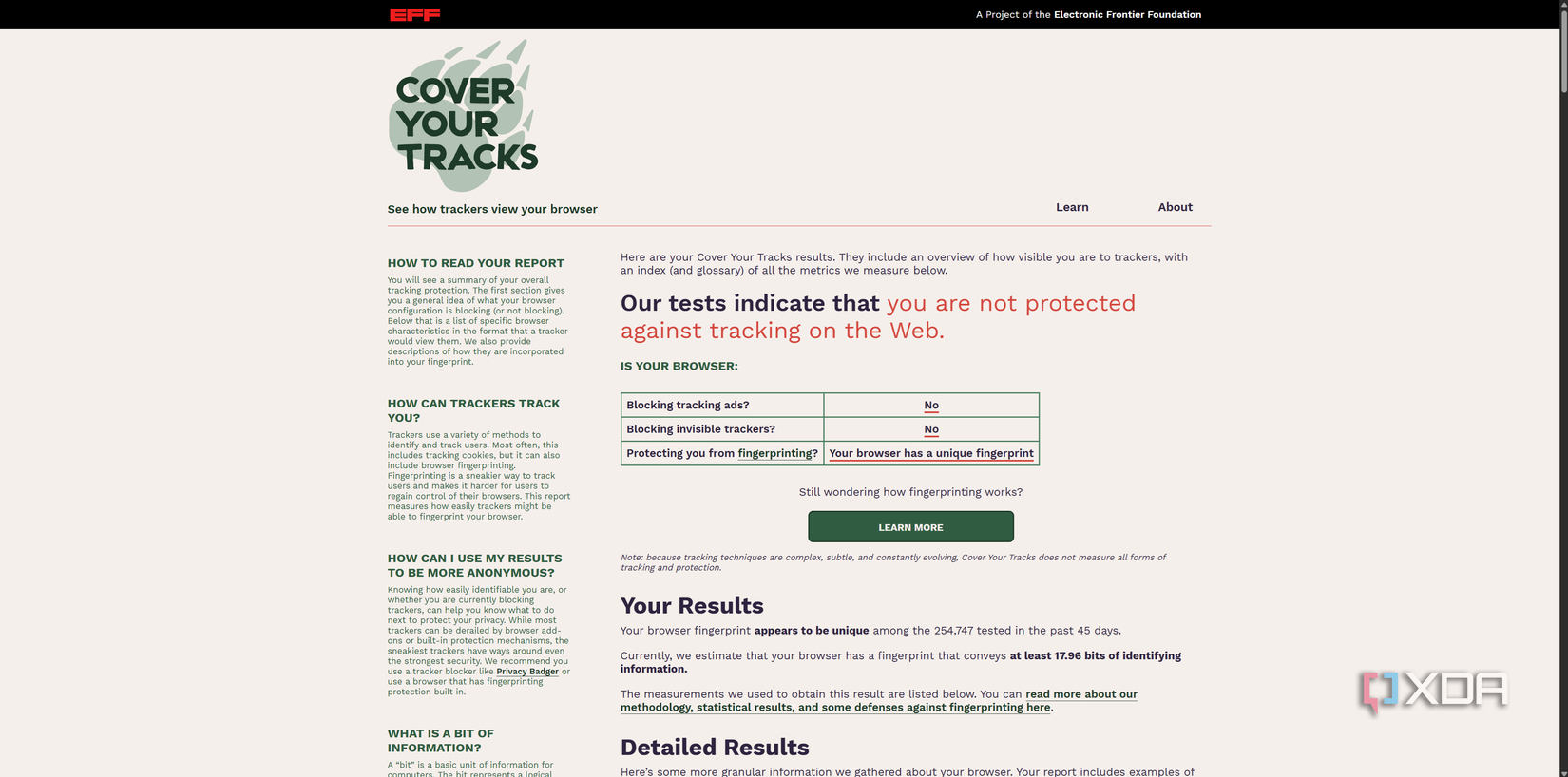 EFF "Cover your Tracks" fingerprinting