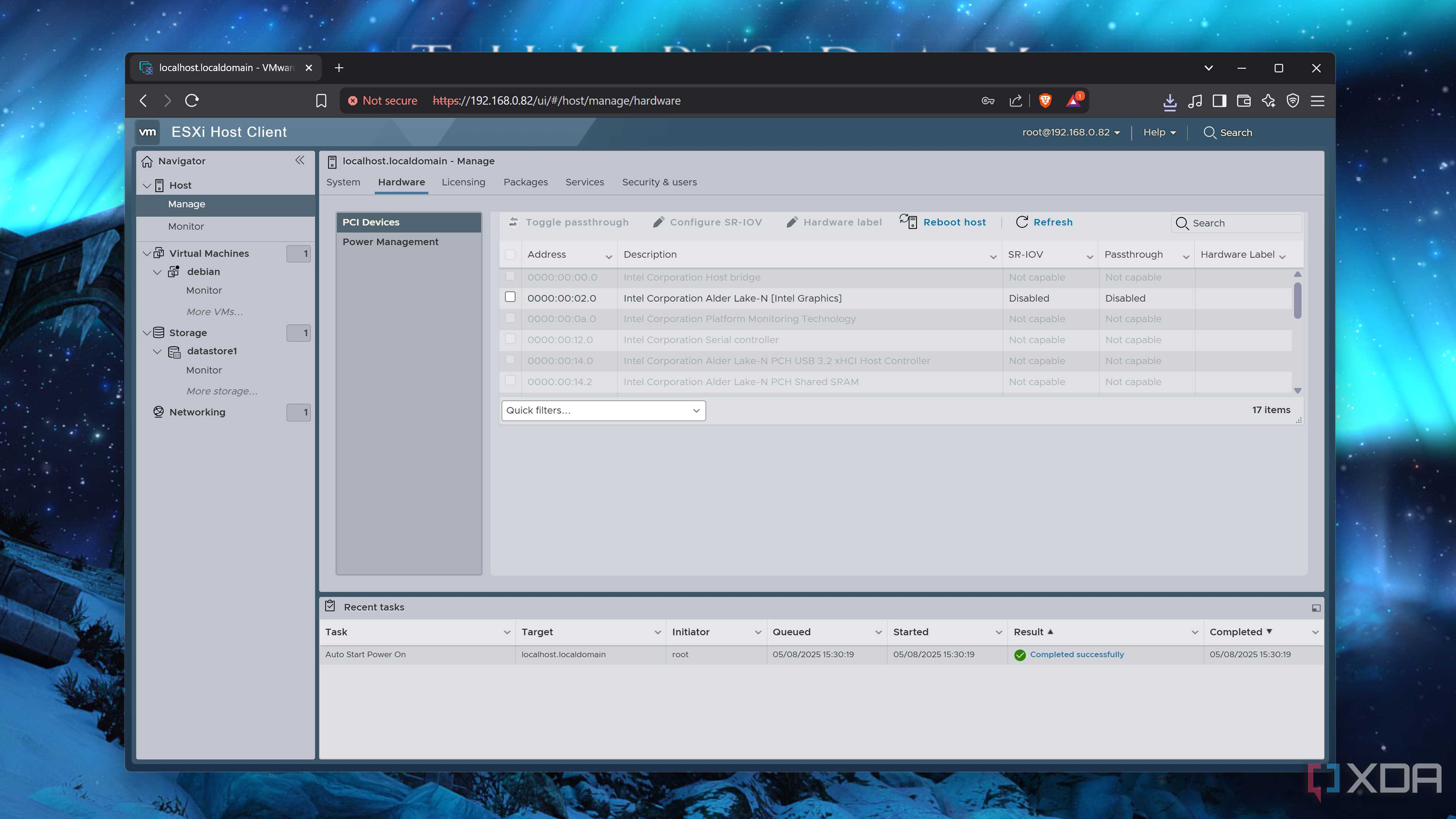 The Hardware tab in ESXi