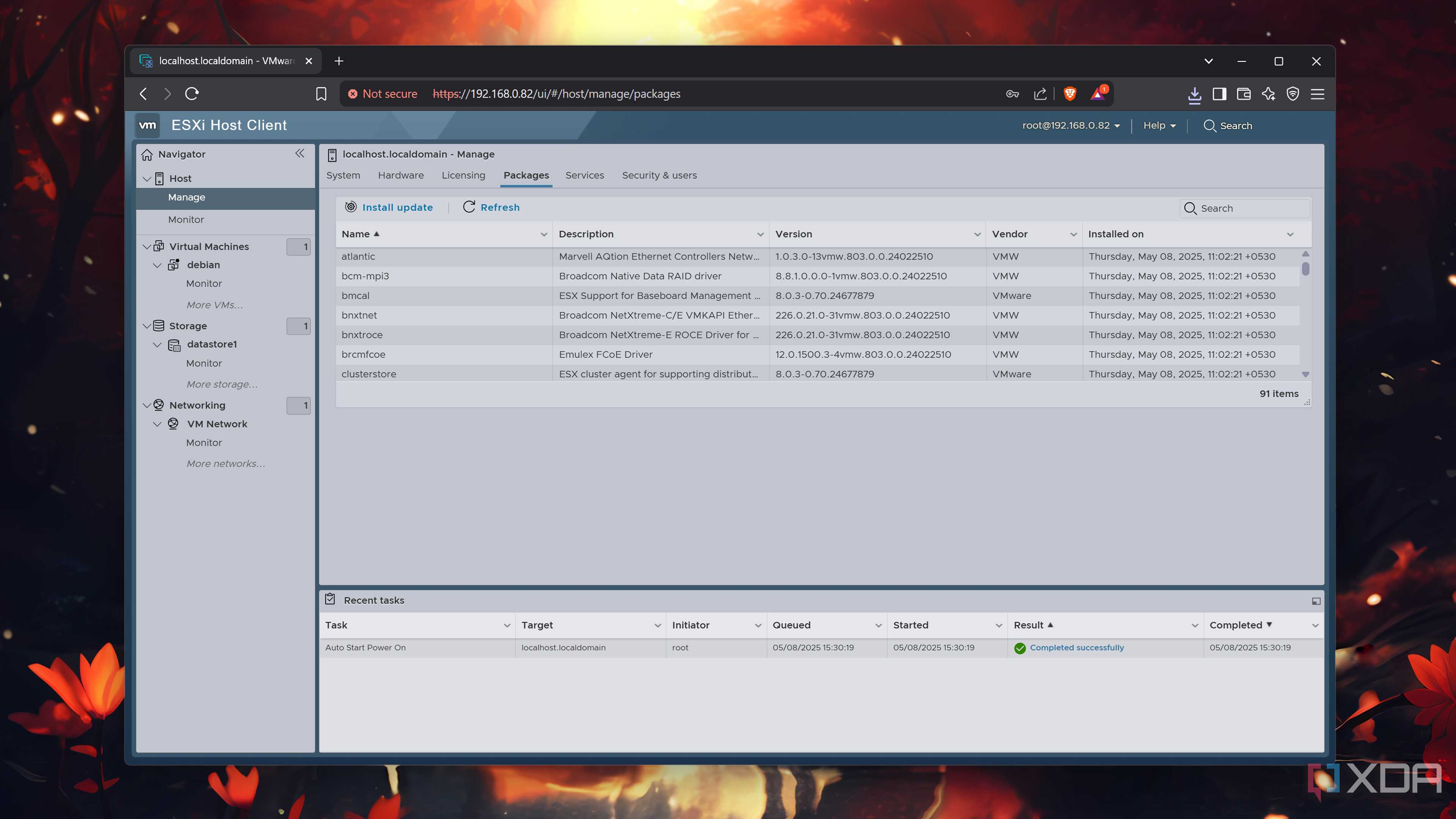 The Packages tab in ESXi