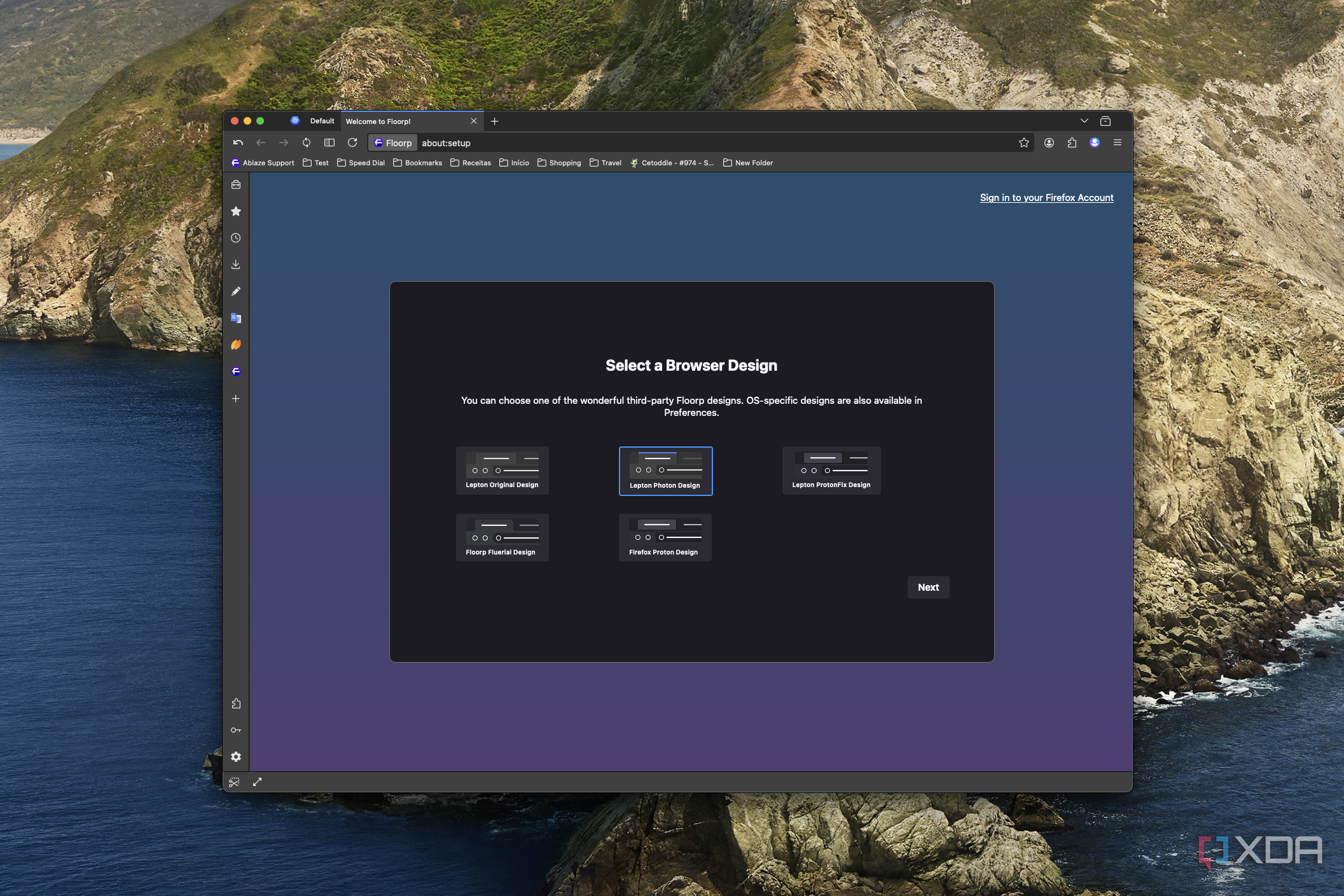 Screenshot of the setup process for Floorp allwoing the user to choose a browser design