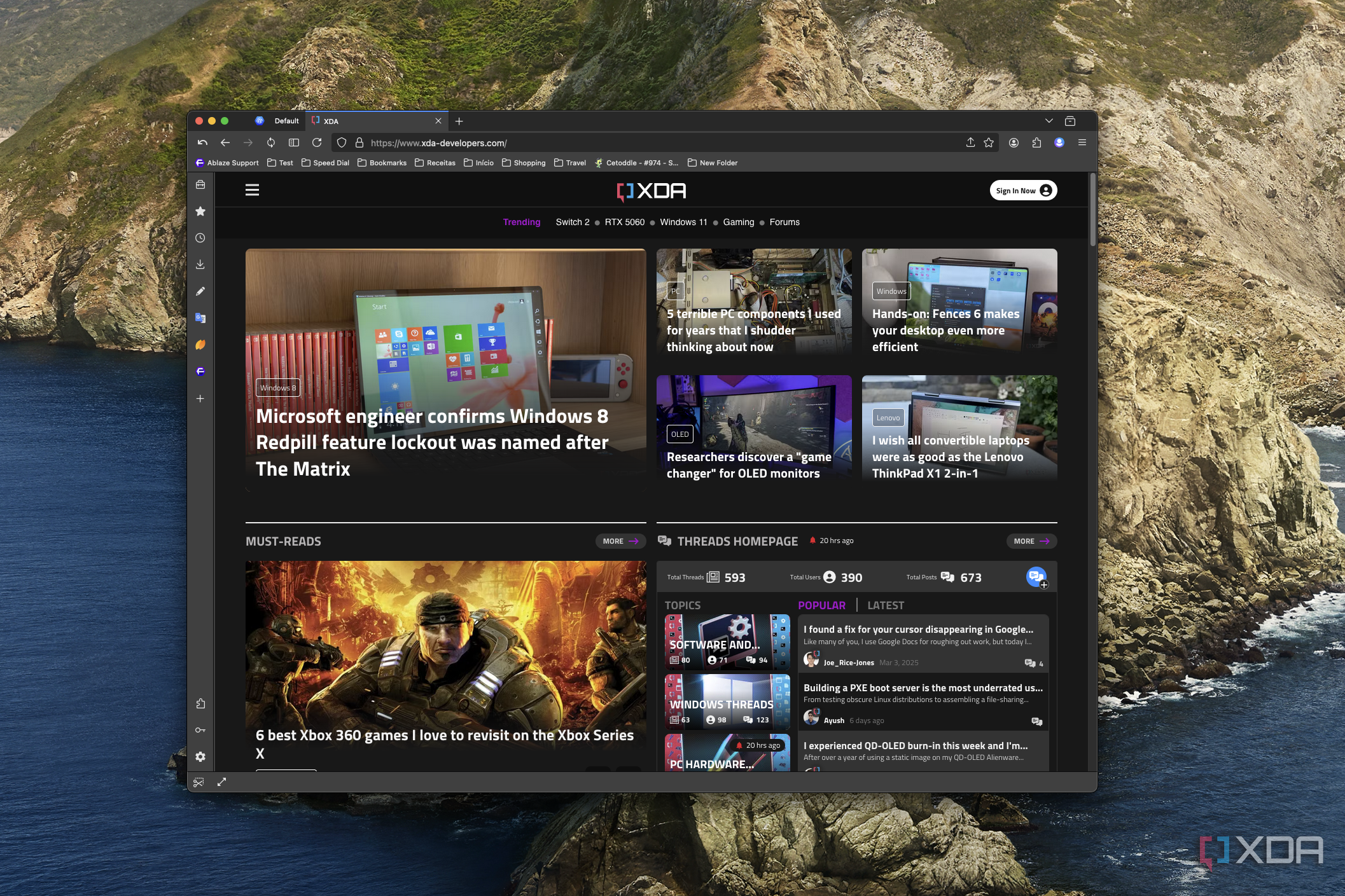 Screenshot of Floorp on macOS displaying the XDA homepage