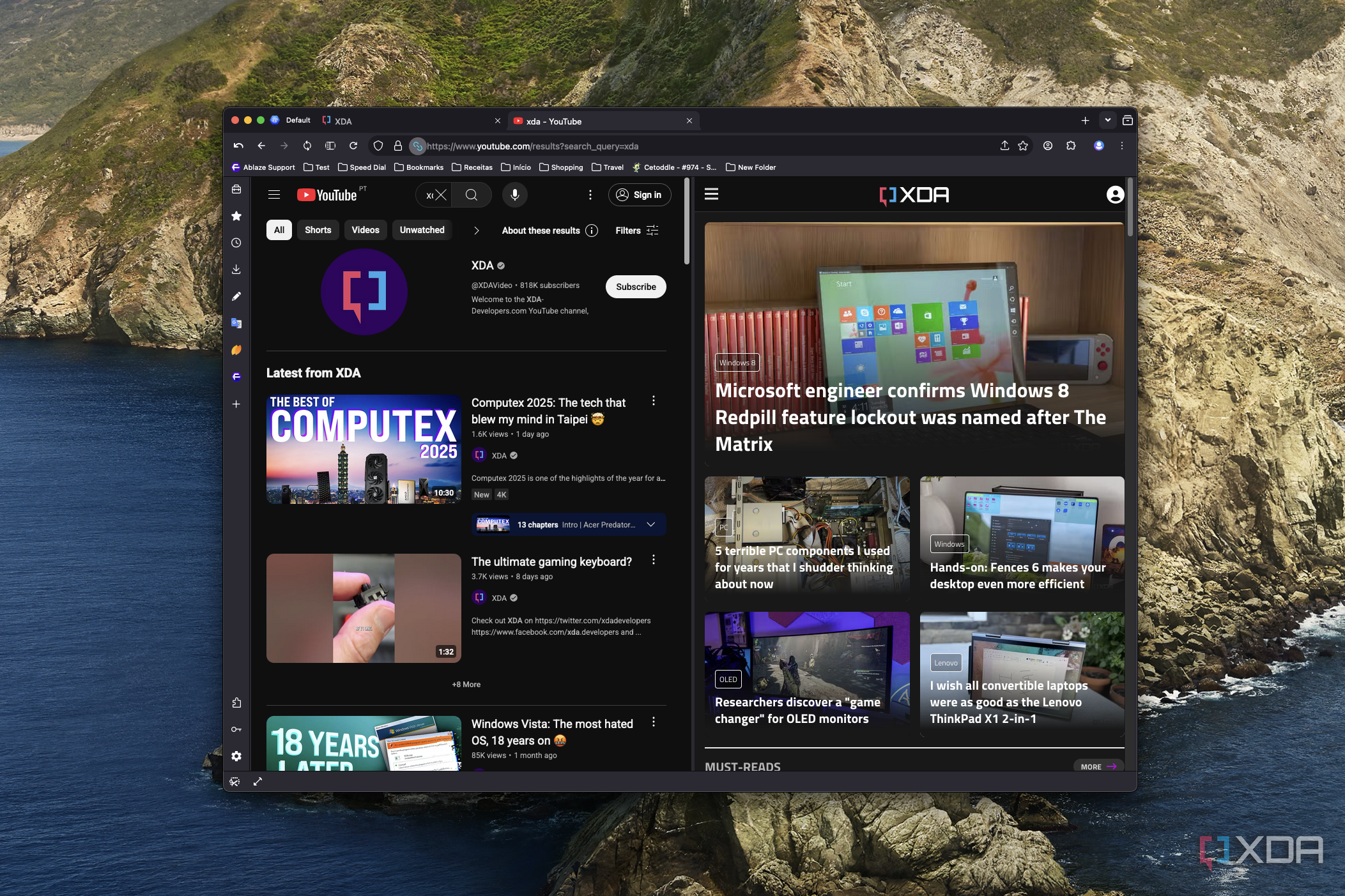 Screenshot of Floorp on macOS using split view to show the XDA homepage and search results on YouTube