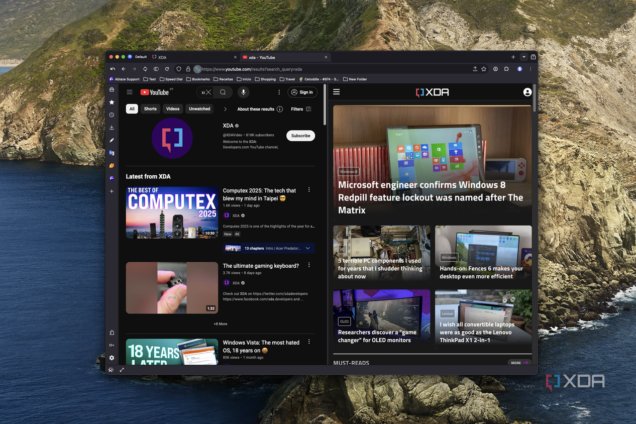 Screenshot of Floorp on macOS using split view to show the XDA homepage and search results on YouTube