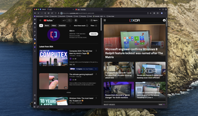Screenshot of Floorp on macOS using split view to show the XDA homepage and search results on YouTube