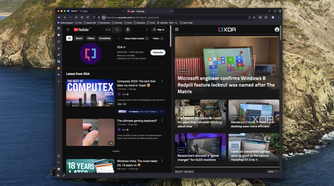 Screenshot of Floorp on macOS using split view to show the XDA homepage and search results on YouTube
