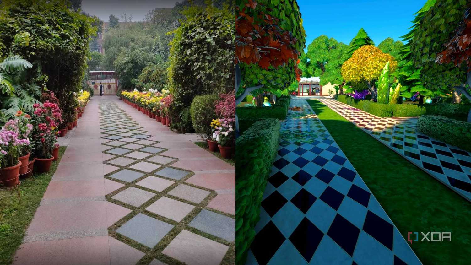 A side-by-side comparison of a high school in Fortnite and real life.