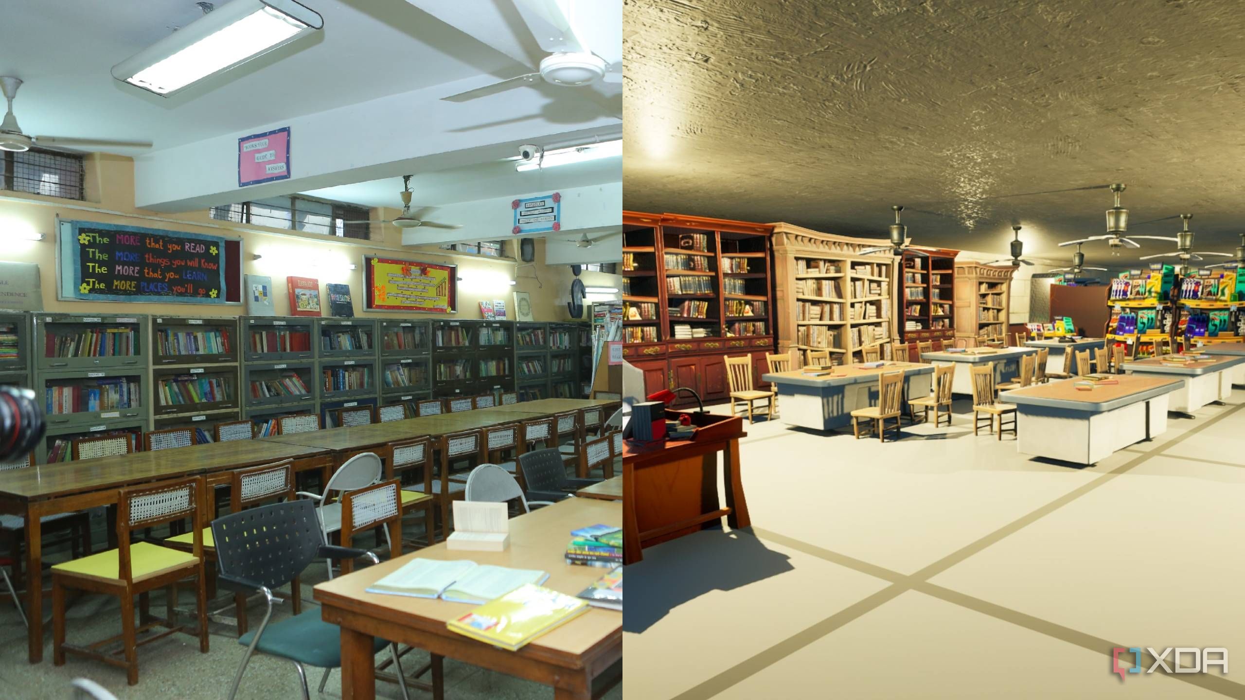 A side-by-side comparison of a high school library in Fortnite and real life.