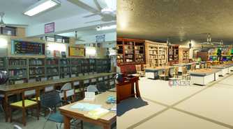 A side-by-side comparison of a high school library in Fortnite and real life.