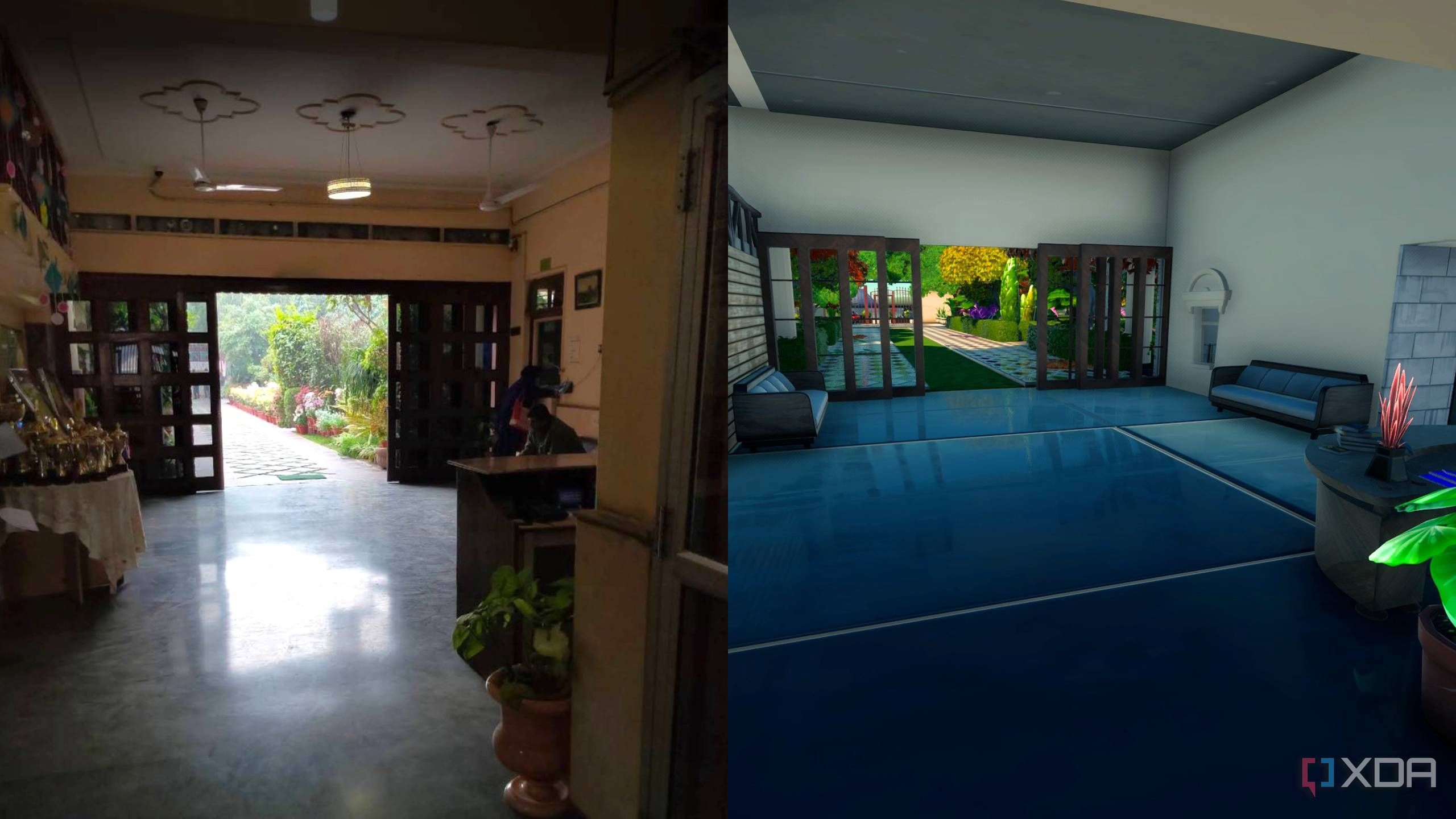 A side-by-side comparison of a high school in Fortnite and real life.