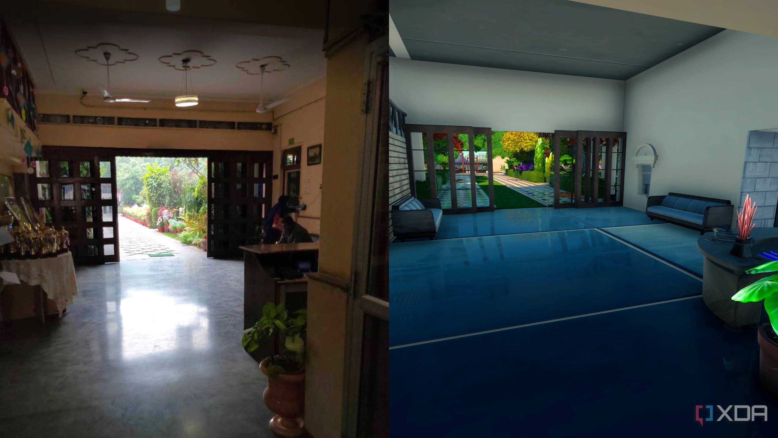 A side-by-side comparison of a high school in Fortnite and real life.