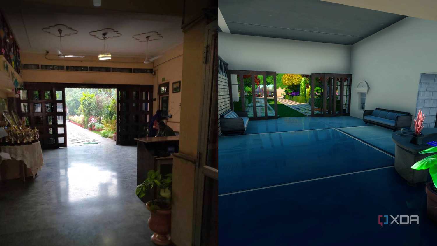 A side-by-side comparison of a high school in Fortnite and real life.
