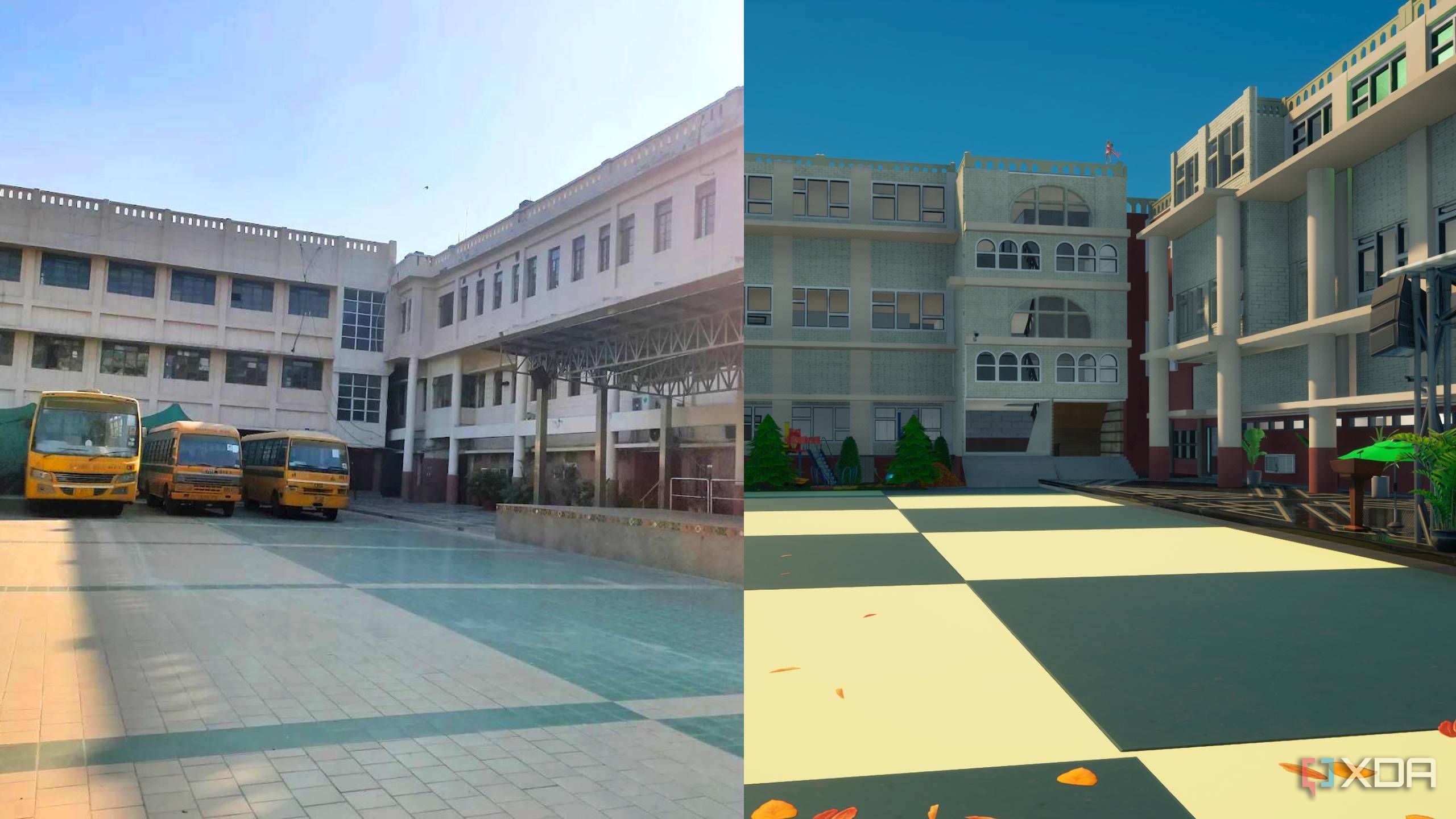 A side-by-side comparison of a high-school in real life and Fortnite.