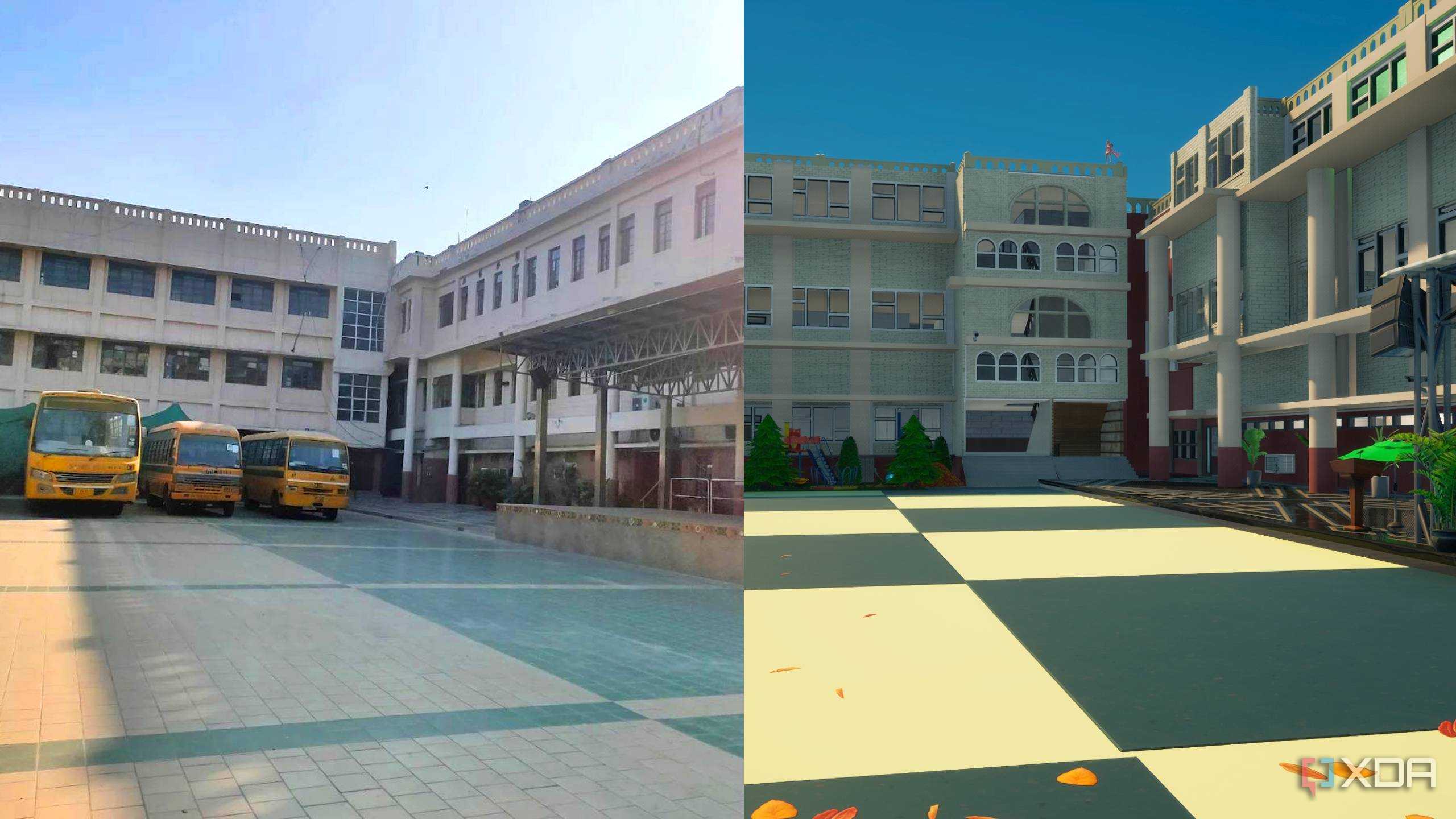 A side-by-side comparison of a high-school in real life and Fortnite.