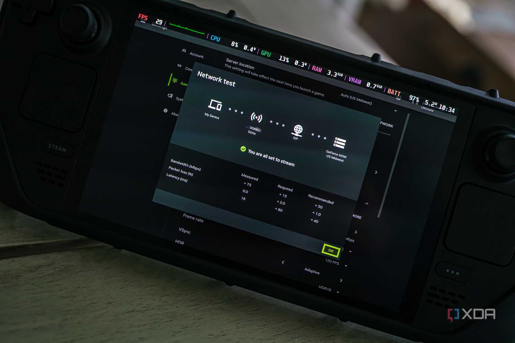 Internet speed test in the GeForce Now app. 