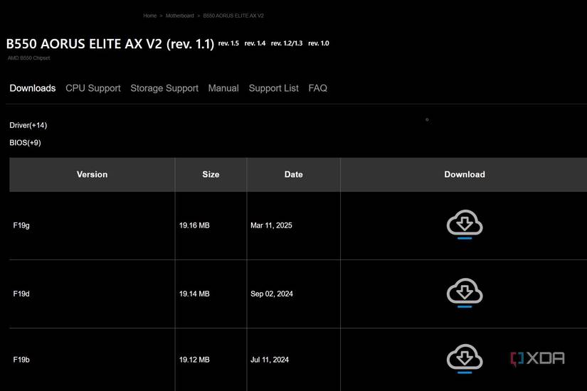 Captura de pantalla del sitio web de Gigabyte que muestra versiones de BIOS para descargar
