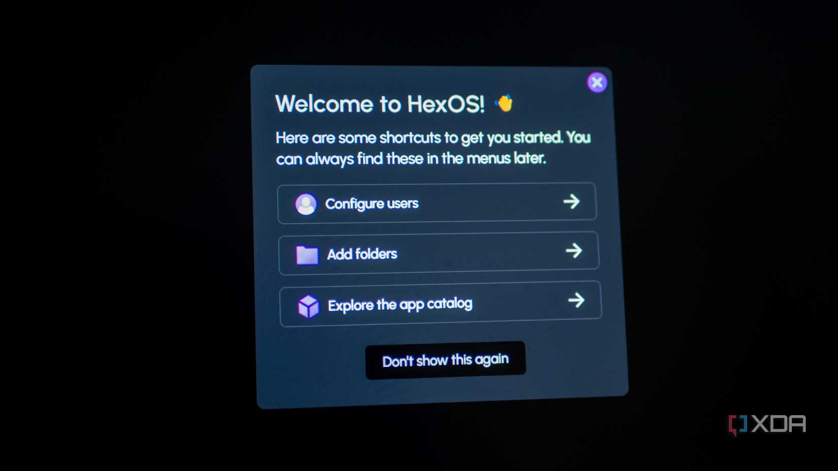 Picture of the "Welcome to HexOS" message 