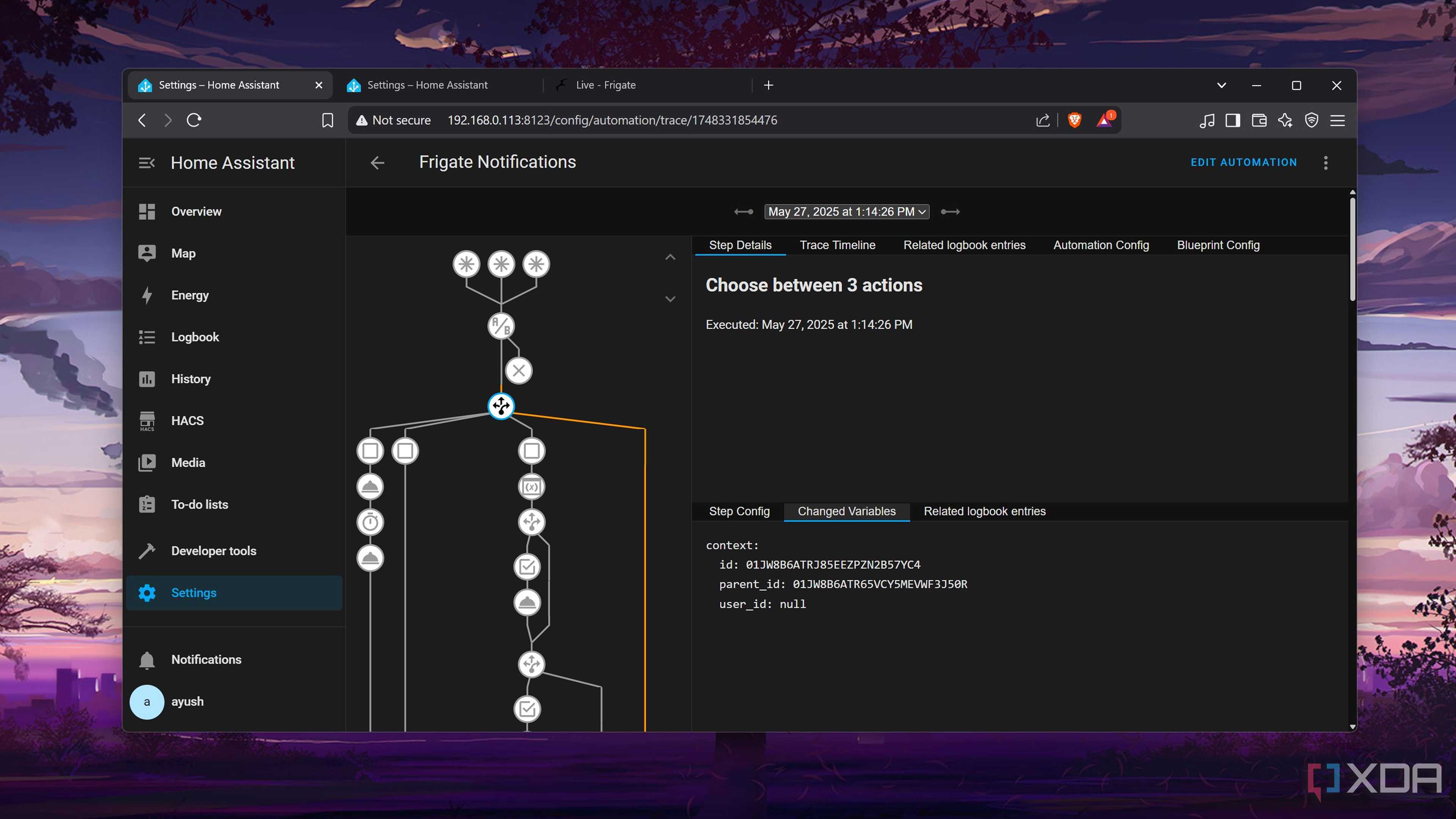 The trace generated by the Frigate Notifications plugin