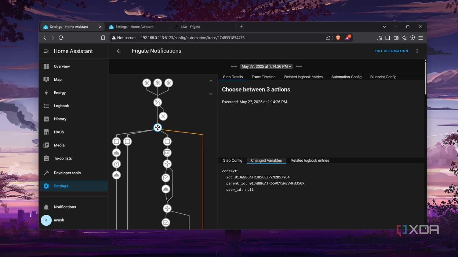 The trace generated by the Frigate Notifications plugin
