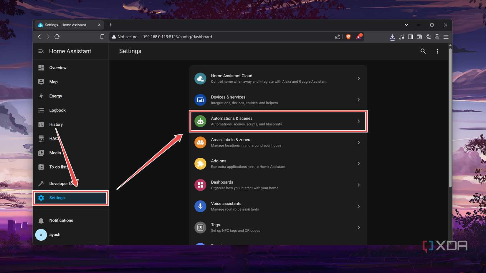 Accessing the Automations & services tab inside HASS