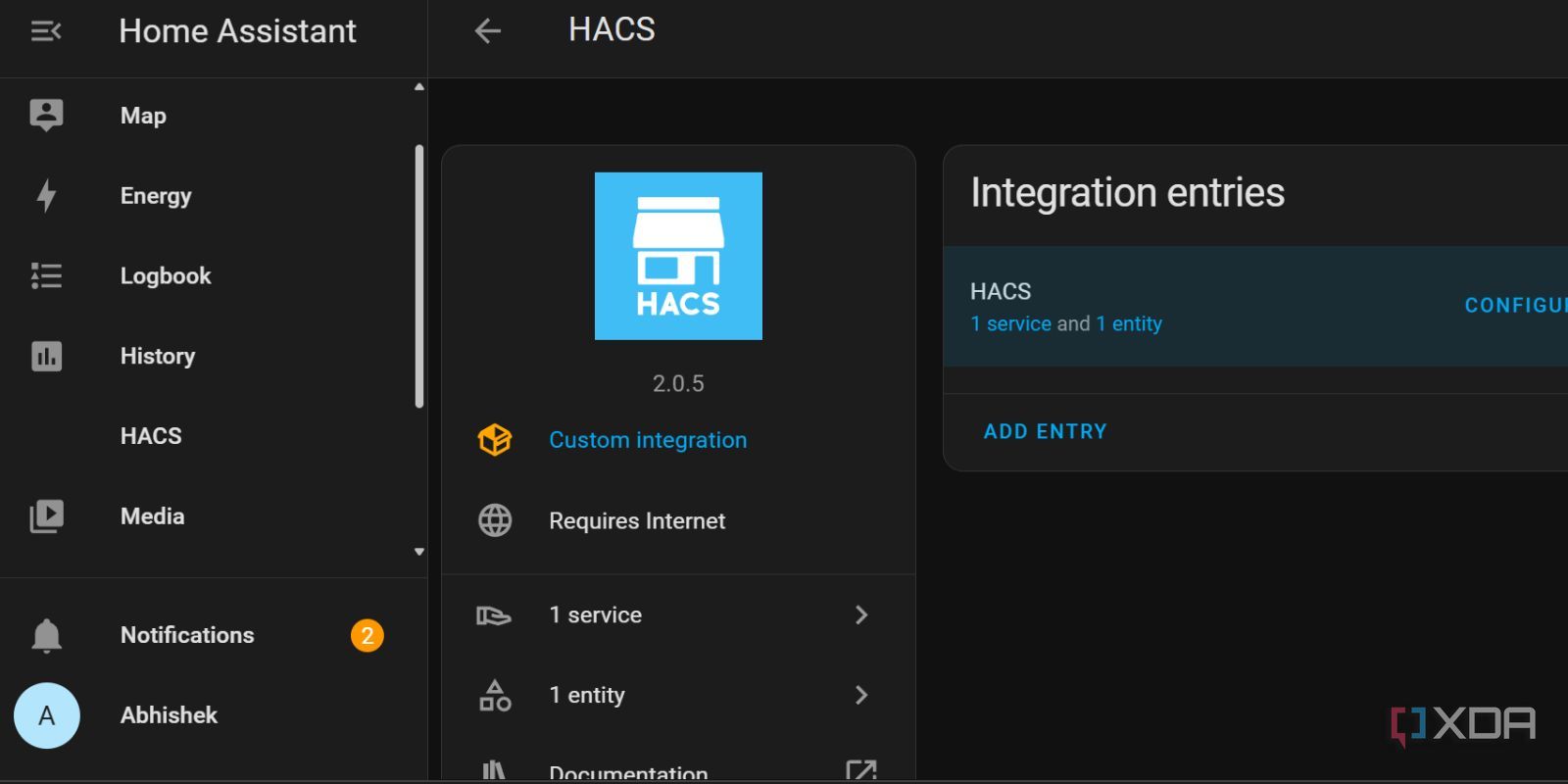 screenshot of home assistant hacs added to integrations