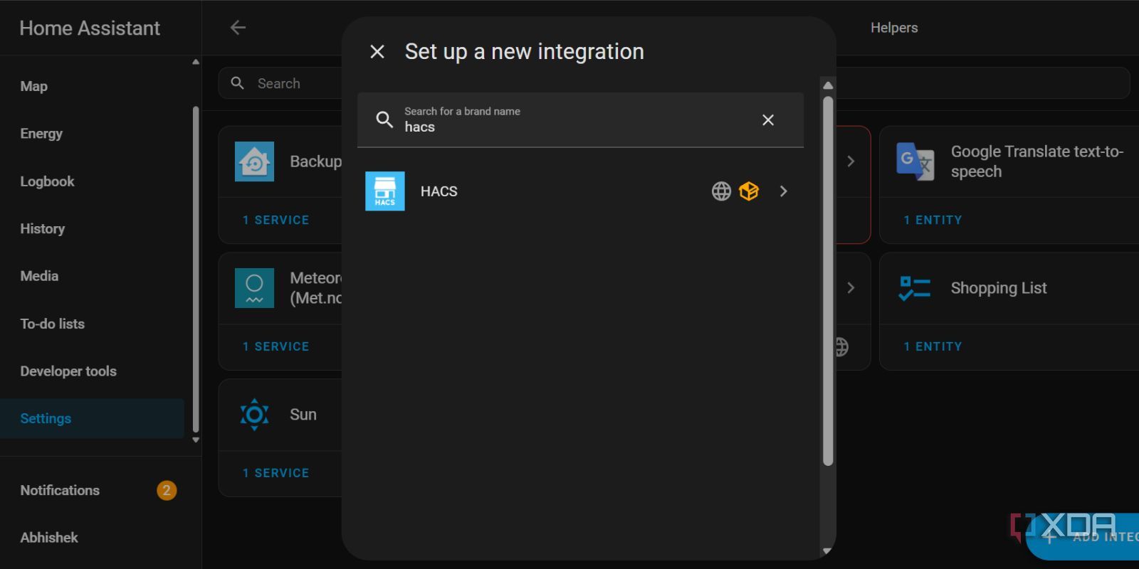 screenshot of home assistant integrating hacs
