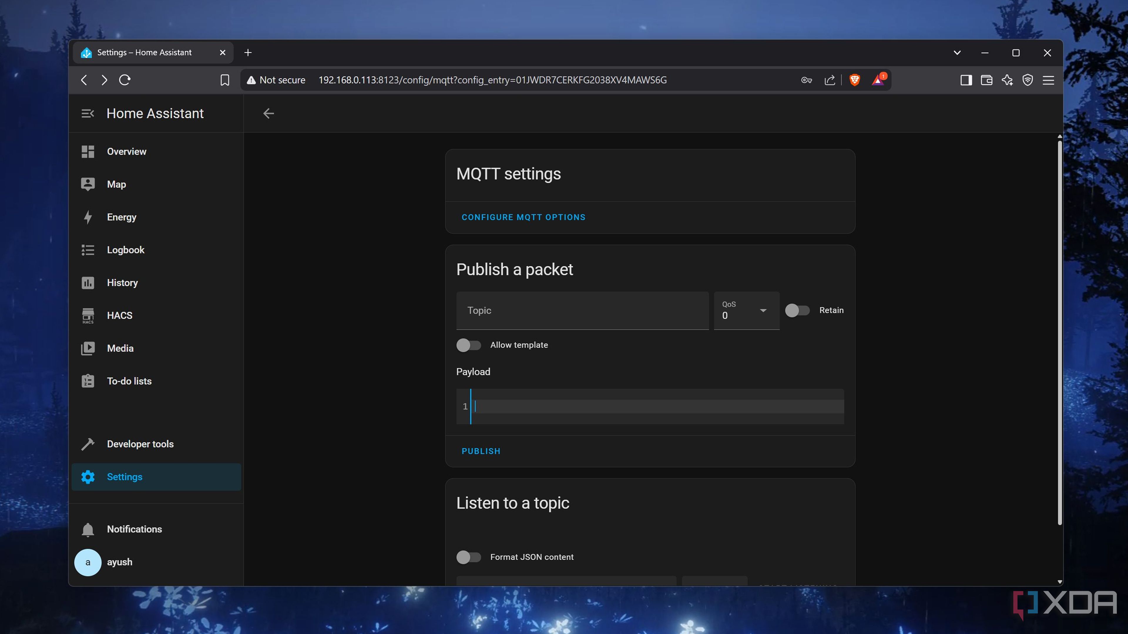 Sending a packet via the MQTT integration in Home Assistant