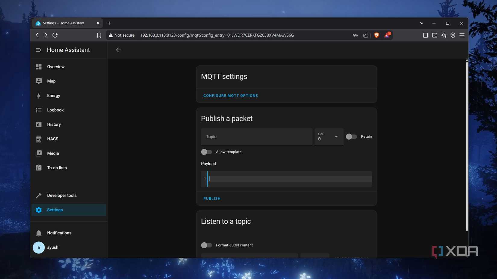 Sending a packet via the MQTT integration in Home Assistant