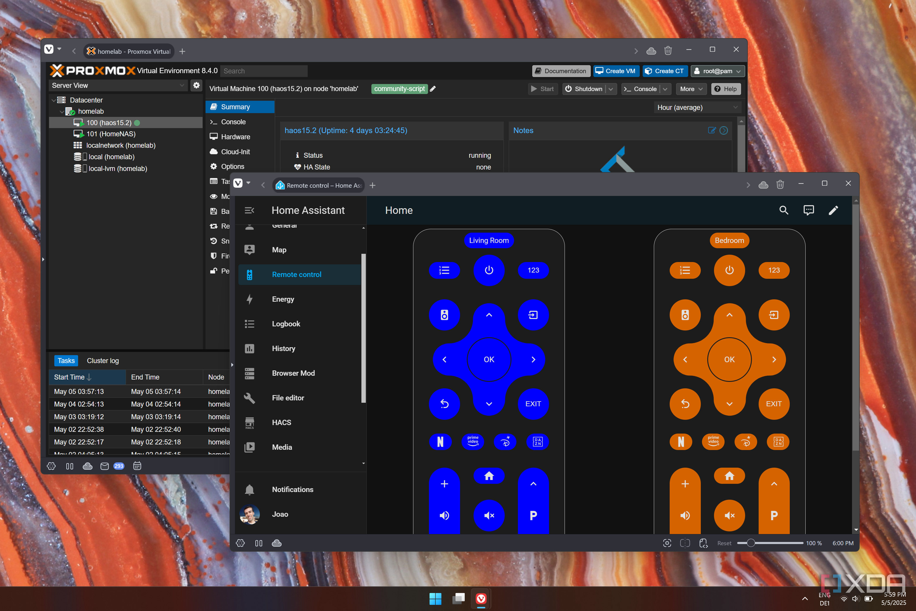 Screenshot of a Proxmox web UI and a Home Assistant dashboard with two TV remote controls
