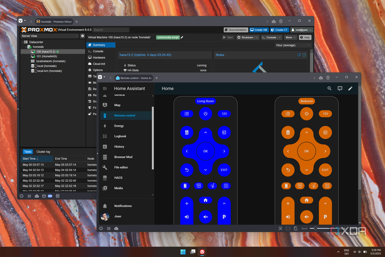 Screenshot of a Proxmox web UI and a Home Assistant dashboard with two TV remote controls