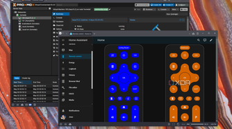 Screenshot of a Proxmox web UI and a Home Assistant dashboard with two TV remote controls