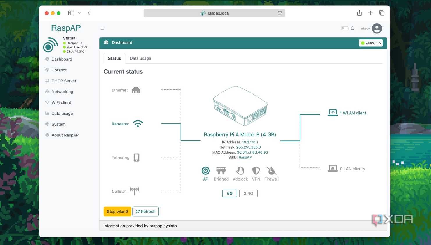 Home dashboard view of RaspAP on Raspberry Pi